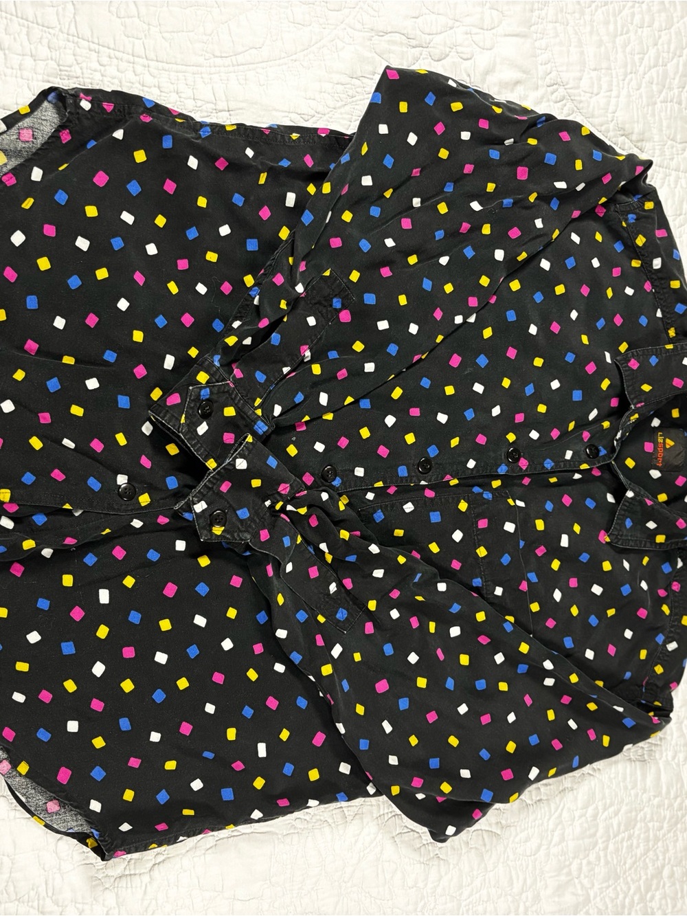 Black Button-Front Blouse with Multicolor Geometric Dot Print